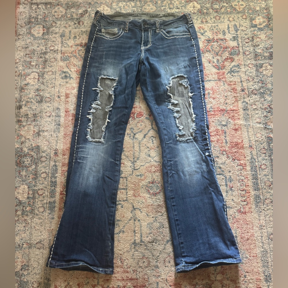 Cowgirl Tuff Distressed Western Denim Camo Flare Jeans size 29